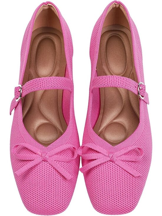 Shoes - Women's Pink Comfortable Ankle Strap Square Toe Mary Jane Ballet Flats
